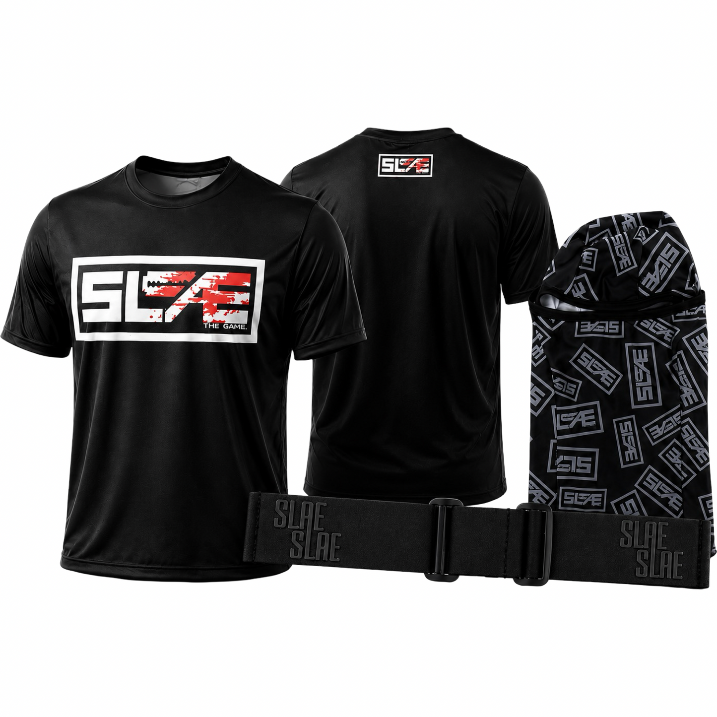 SLAE Swag Bundle (Dri Fit Bloodspatter Summer Shirt, Woven JT Strap, Dri-Fit Summer Ski Mask)